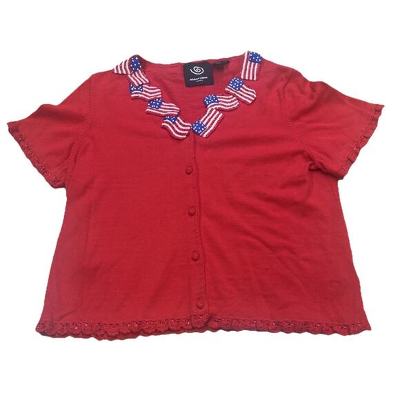 VTG Michael Simon Cardigan American Flag Embroidered Sequin Patriotic Sweater XL - Picture 1 of 13